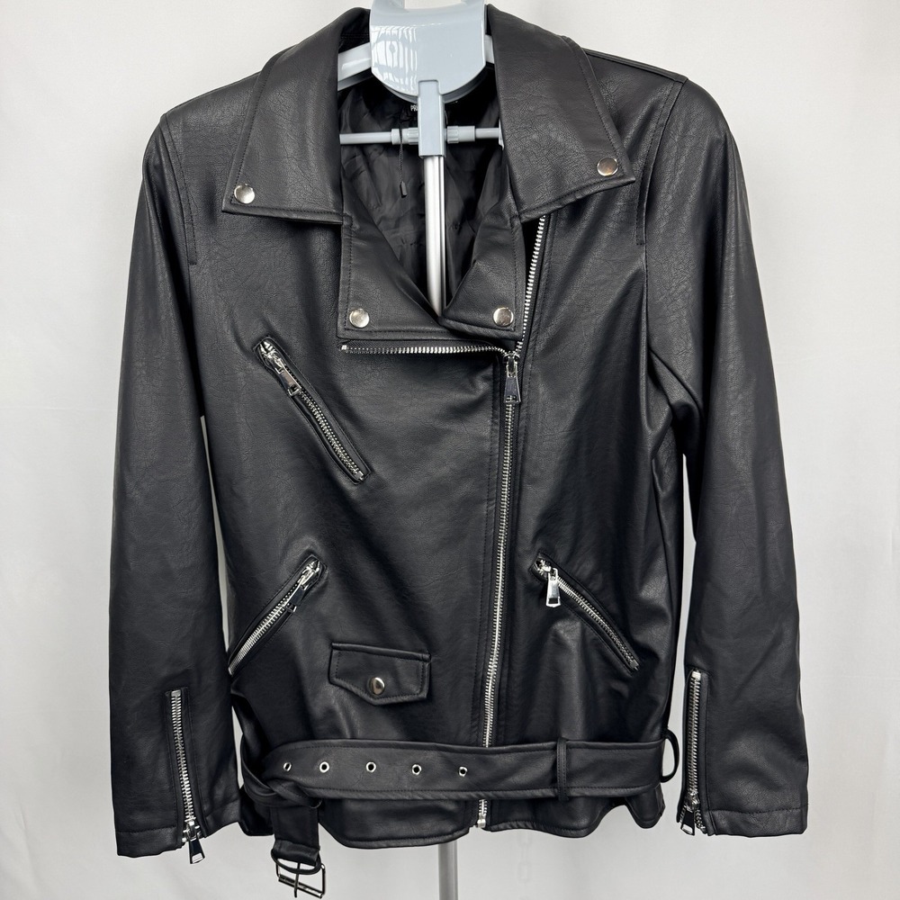 PrettyLittleThing Faux Leather Moto Jacket Womens US 4 Black Belted Biker Y2K